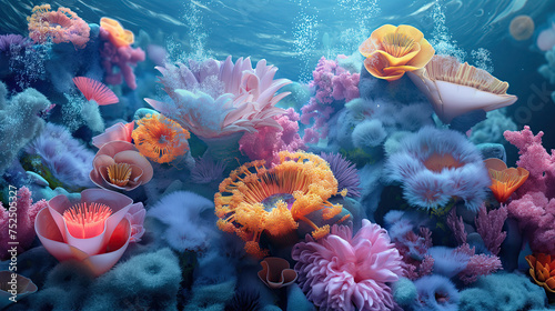  Underwater composition of flora and fauna, brightly colored on the ocean floor. The concept of the beauty of the underwater world