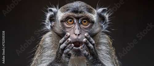  a close up of a monkey's face with its hands on it's face and it's eyes wide open. © Jevjenijs