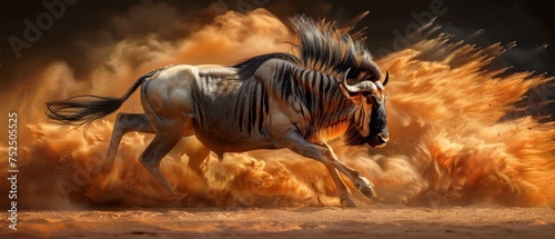  a digital painting of a wild horse running through a field of orange and yellow dust with its tail blowing in the wind.