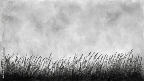  a black and white photo of tall grass in front of a gray and white wall with clouds in the background.
