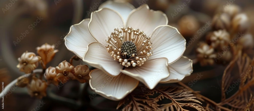 Beautiful white flower with striking brown centers blooming in the spring garden