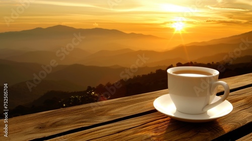  a cup of coffee sits on a wooden table with a view of the mountains and the sun in the distance.
