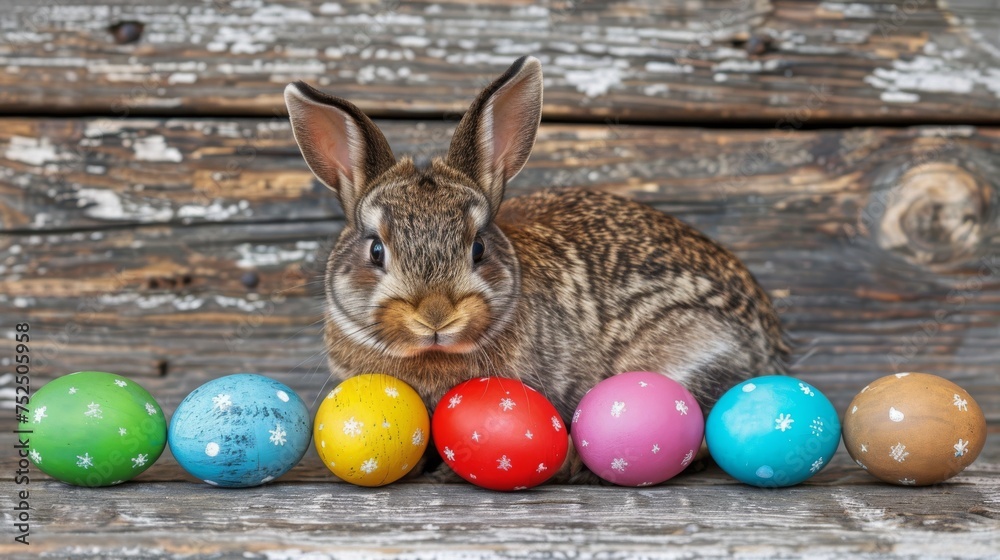  a rabbit is sitting in front of a row of colored eggs on a wooden surface with a weathered wall in the background.