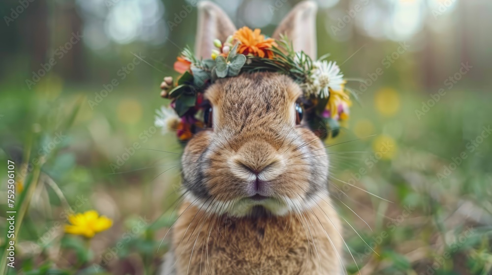 a rabbit with a wreath of flowers on its head sitting in the middle of a field of wildflowers. a rabbit with a wreath of flowers on its head sitting in the middle of a field of wildflowers.