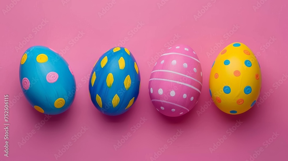  three different colored easter eggs in a row on a pink background with polka dotty and yellow dots on them.