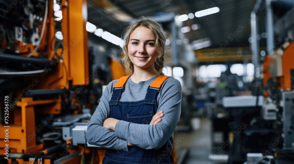 Clad in work attire, a woman demonstrates proficiency and commitment while working on a large industrial machine in the factory. Clad in work attire, a woman demonstrates proficiency and commitment while working on a large industrial machine in the factory.