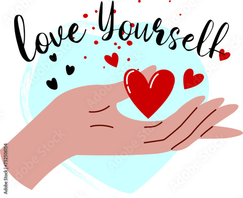 The concept of self-care. The hand gives the heart. Love yourself.