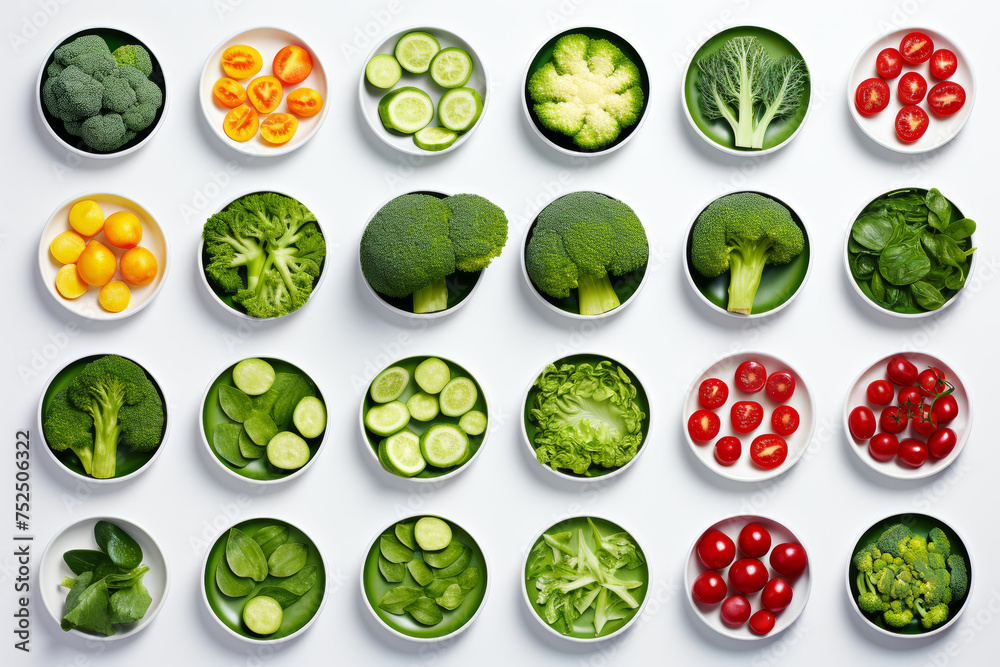 Panel with whole and sliced green, red and orange vegetables, genetically modified products on white - obrazy, fototapety, plakaty 