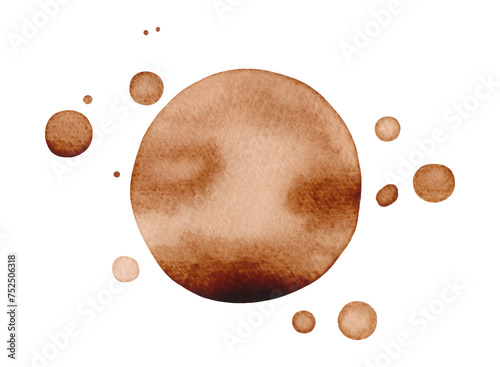 Coffee round spots isolated on a white background, hand-drawn. A decorative element for a holiday, menu, design, decoration. Abstract planets of the solar system and the cosmos.  photo