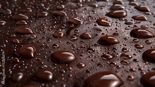  a close up of water drops on the surface of a black surface with brown and white drops of water on the surface.