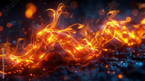  a close up of a fire on a ground with a blurry image of a dog on the ground in the background.