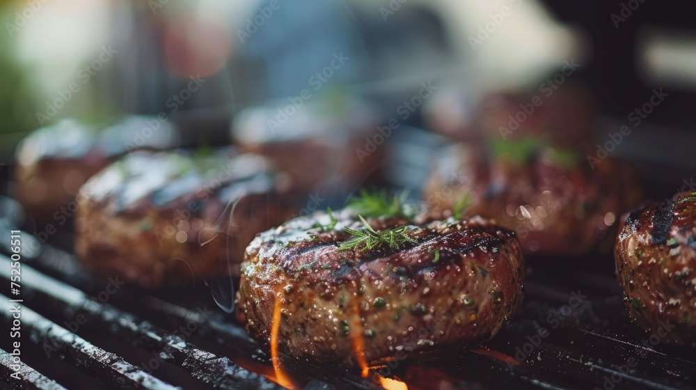  hamburgers being grilled on a grill with a green sprig of grass on the top of them.