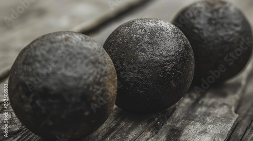 a group of three black balls sitting on top of a wooden table next to a piece of paper with writing on it.