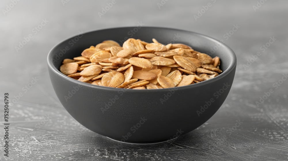 a black bowl filled with almonds sitting on top of a metal table next to a cup of coffee on top of a table. a black bowl filled with almonds sitting on top of a metal table next to a cup of coffee on top of a table.