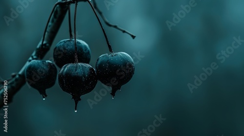  a close up of a bunch of berries on a tree branch with drops of water on the fruit and leaves. © Jevjenijs