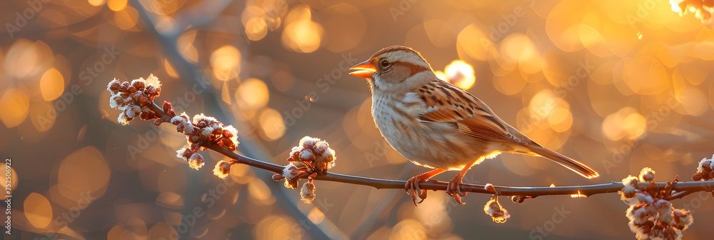 Image of a Corn Bunting Singing on a Sunlit Hawthorn Branch,
Selective focus shot of a greenfinch bird perched on a thorny branch with a blurred background
 - obrazy, fototapety, plakaty 