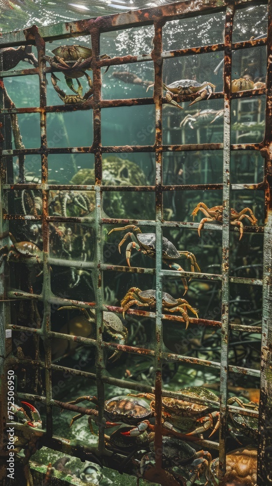 Iron traps with small crabs in the water, catching crabs from a ship