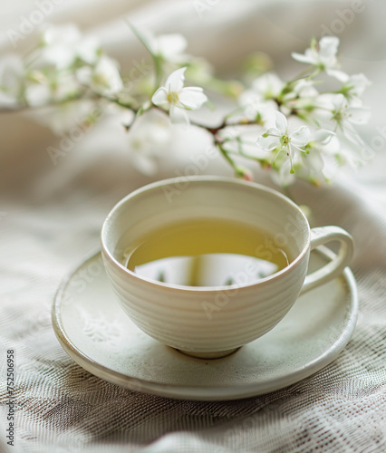 Cup of green jasmine tea on table 