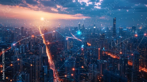 A conceptual visualization of a smart city's wireless network infrastructure