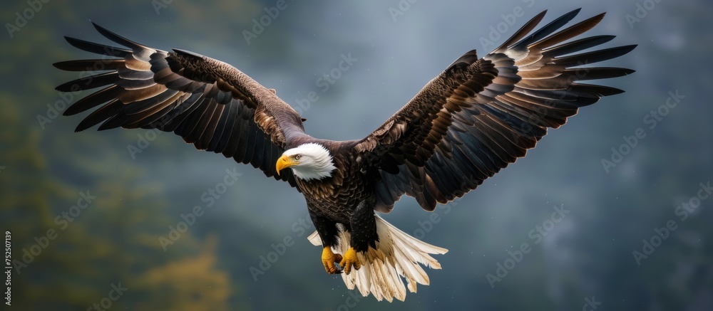 Majestic bald eagle soaring in the sky with spread wings and fierce gaze Majestic bald eagle soaring in the sky with spread wings and fierce gaze