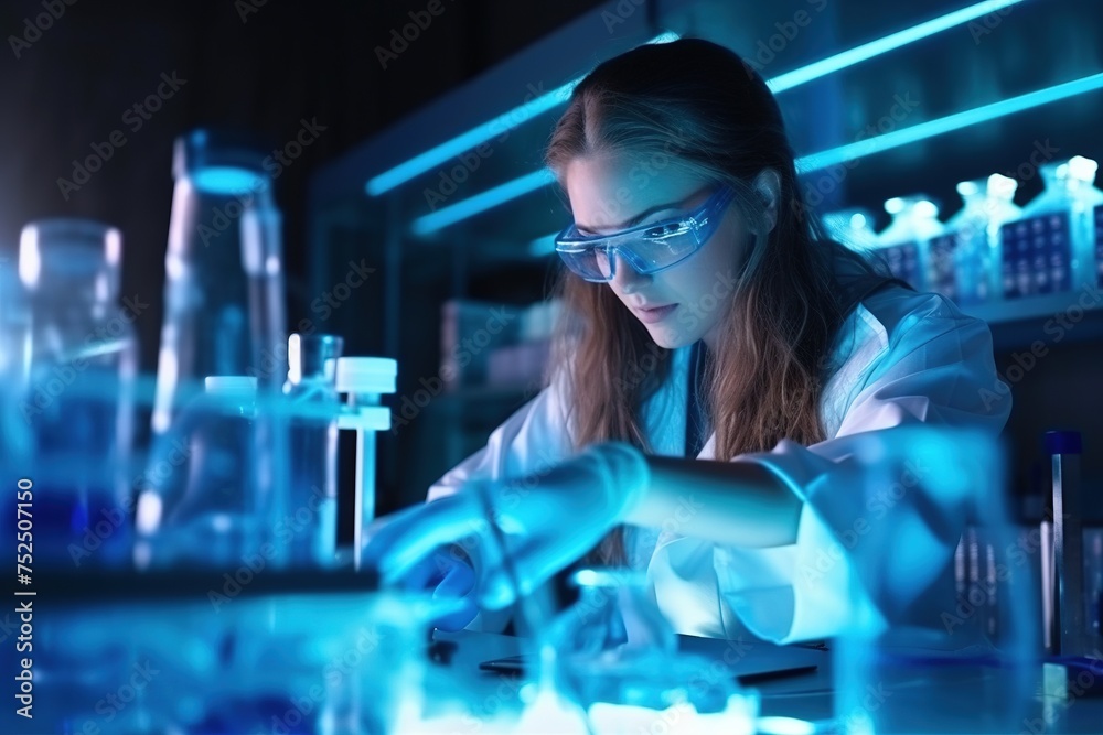 Fototapeta premium In the controlled laboratory setting, a researcher in a protective mask advances the development of innovative drugs and vaccines.