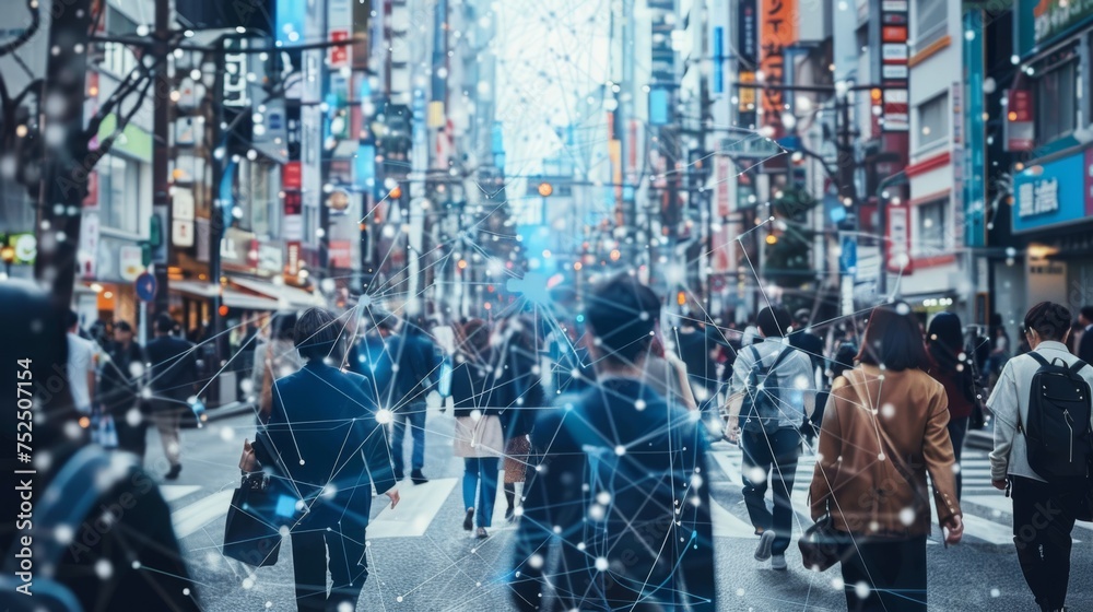 a people walking and connected via telephone true blockchain and internet
