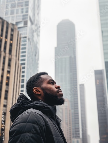 A snapshot of an African-American man, his silhouette framed against the metropolitan skyline, symbolizing ambition and resilience.