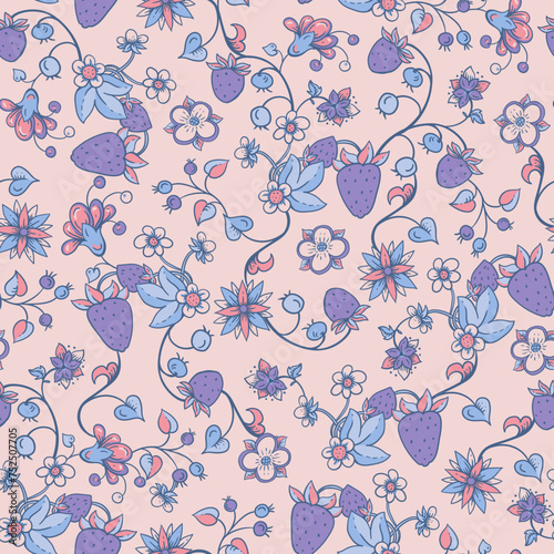 Hand-drawn Summer Strawberry Floral Seamless Pattern