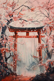 Blooms of Nihon: Traditional Canvas Artwork Featuring Japanese Cherry Blossoms, Unveiling the Scenic Beauty of Landscape and Torii Gate