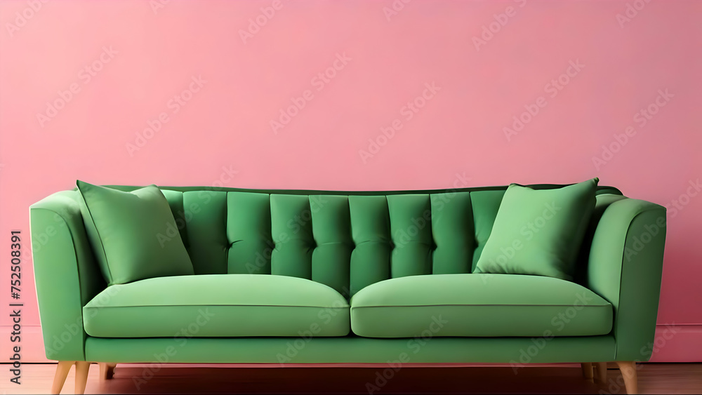 Fototapeta premium Green, pink, sofa, furniture, interior, design, decor, cushion, couch, red and green sofa
