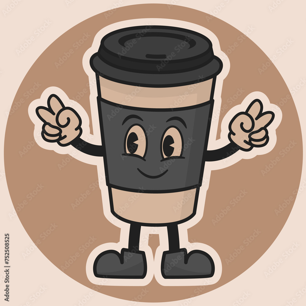 Vector funny coffee glass character, in groovy style, vector sticker, vector illustration Vector funny coffee glass character, in groovy style, vector sticker, vector illustration