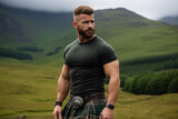 Scottish brutal man in a kilt and T-shirt stands against the background of a valley and mountains