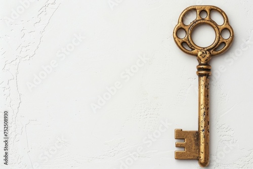 vintage ornate key made of yellow metal, gold or bronze. white background, copy space. © MaskaRad