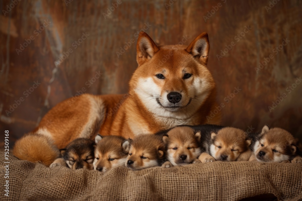 mother dog of the Shiba Inu breed and her puppies. family, motherhood in animals. litter or brood.
