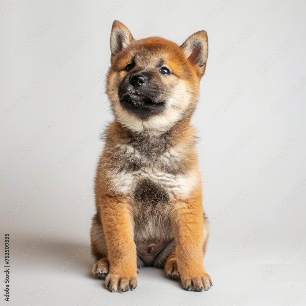 puppy of the Shiba Inu breed, full-length portrait on a white background.
