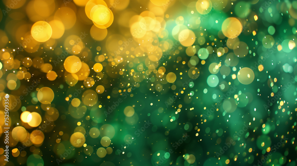 Abstract blur bokeh banner background. Gold bokeh on defocused emerald green background. St Patrick's day concept Abstract blur bokeh banner background. Gold bokeh on defocused emerald green background. St Patrick's day concept
