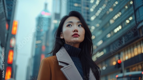A snapshot of an Asian woman, her grace and poise standing in stark contrast against the urban skyline of the bustling city.
