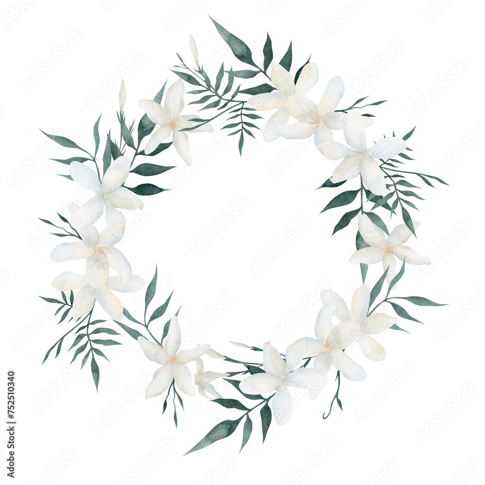 Hand-drawn watercolor floral frame with jasmine delicate flowers, leaves and buds. Watercolor illustration isolated on white background. Wreath for decoration of wedding invitations, cards, packaging.
