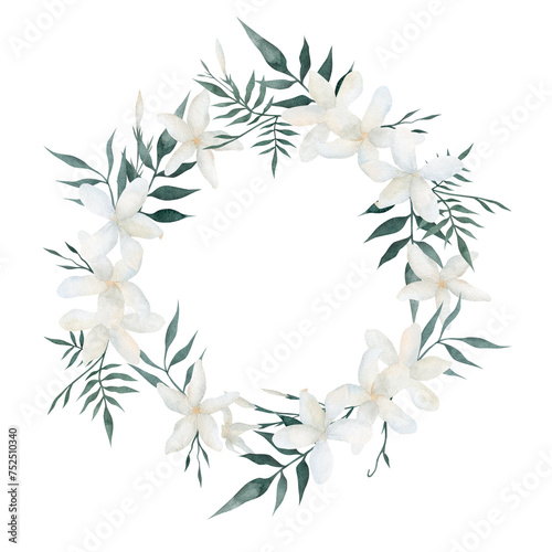 Hand-drawn watercolor floral frame with jasmine delicate flowers  leaves and buds. Watercolor illustration isolated on white background. Wreath for decoration of wedding invitations  cards  packaging.