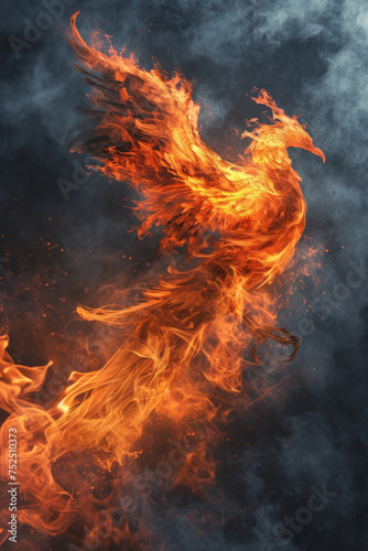 fiery phoenix on a black background with smoke and fire particles. Design element.