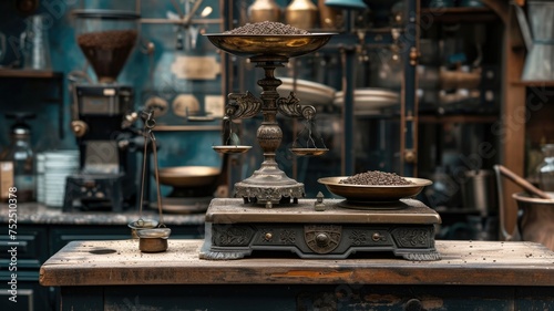 Charming antique scales from the 19th century with ornate metal bowls  shop background