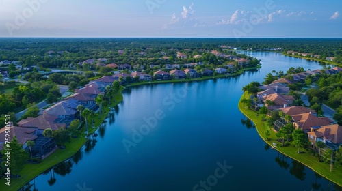 A drone view over a serene lake, surrounded © MAY