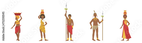African People Character Standing Aboriginal in Traditional Tribal Clothing Vector Set