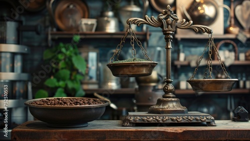 Charming antique scales from the 19th century with ornate metal bowls, shop background