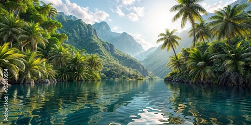 Palm trees and tropical lake, panoramic seascape