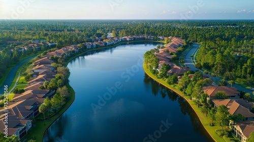 A drone view over a serene lake, surrounded