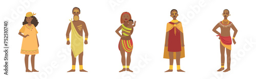 African People Character Standing Aboriginal in Traditional Tribal Clothing Vector Set