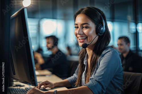 Trabajador del centro de llamadas siempre sonriente operador de atención al cliente en el trabajo joven empleado que trabaja con un auricular