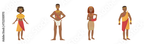 African People Character Standing Aboriginal in Traditional Tribal Clothing Vector Set