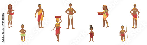 African People Character Standing Aboriginal in Traditional Tribal Clothing Vector Set